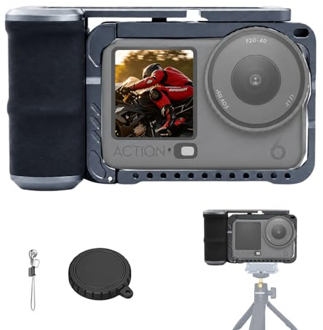 Handgriff Set Kompatibel mit DJI Osmo Action 6 Aluminium Käfig | Vlogging Griff mit Schnellver Schluss, Auslöser, Blitzschuh und 1/4 Stativ Gewinde für Action Kamera Zubehör