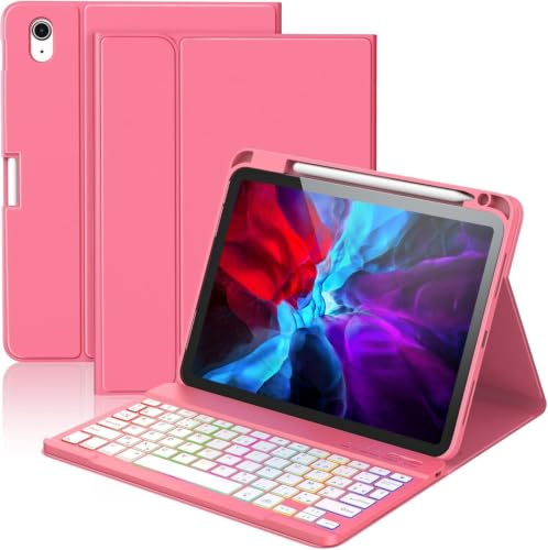 Coque Clavier pour iPad A16 11/10 Ème Generation (11 Pouces 2025/10.9 Pouces 2022) Étui Keyboard Bluetooth pour iPad 10eme/11eme avec 7 Couleurs Rétroéclairées,Porte Crayon,AZERTY Français