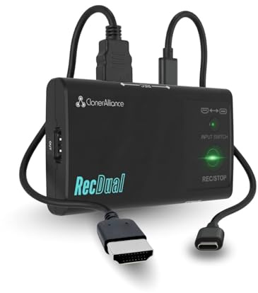 ClonerAlliance RecDual Dongle, Mini Standalone Dual-Input 1080p @ 60fps Video Recorder with 4K @ 60fps Passthrough, HDMI & USB Type-C DP Capture. Schedule & Loop Recording.