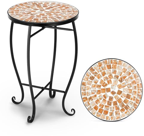 Bonnlo Mosaic Small Garden Table, Small Coffe Table with 35cm Ceramic Top, Round Plant Stand for Indoor/Outdoor, Terracotta Sun