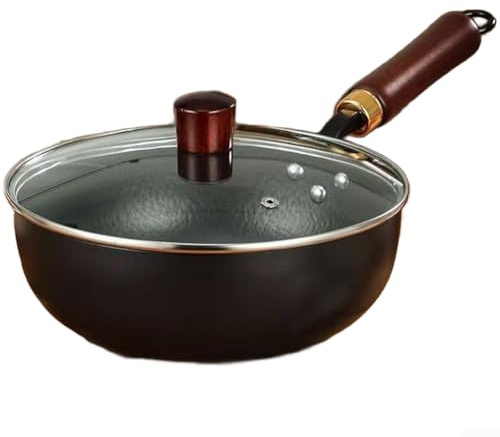 Handgeschmiedeter Eisen-Wok, 24 cm, robust, unbeschichtet, mit Glasdeckel, für Gas-, Induktions-, Elektrobereich, traditionelles Schmiedeverfahren (B)