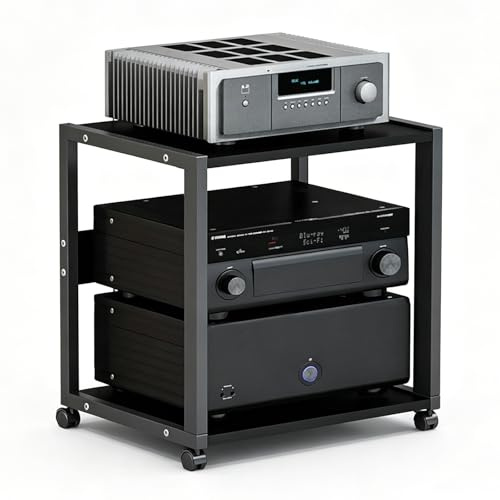 NEHCFO HiFi Rack für Plattenspieler mit Rollen, Audio Rack HiFi Regal 2/3 Ebenen, höhenverstellbar (3 Ebenen), Möbel Metall MDF für Verstärker CD Anlage(2-Layer)