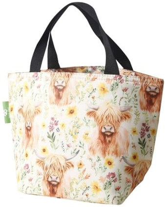 ECO CHIC Lightweight Foldable Insulated Lunch Bag Water Resistant Cooler Bag (Floral Highland Cow Beige)