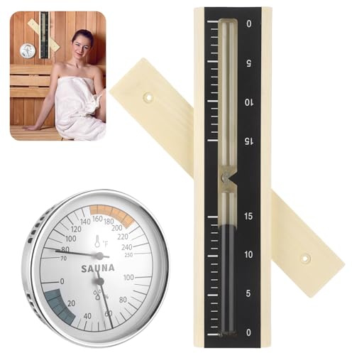 Lot de 2 thermomètres hygromètres combinés avec minuteur de sable, jauge mécanique de température et d'humidité, plage de 70 à 250 °C, montage mural, sablier en bois rotatif de 15 minutes avec sable