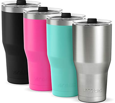 Arctic Tumblers Stainless Steel Camping & Travel 30 oz Tumbler With Lid (Splash Proof), Double Wall Vacuum Insulated, Premium Insulated Thermos - (Stainless, Turquoise, Pink, Black, 4-pack)