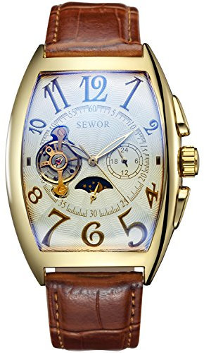SEWOR Luxury Tourbillon Herren Mondphase automatische mechanische Armbanduhr Lederband Glasbeschichtung blau (Platin)