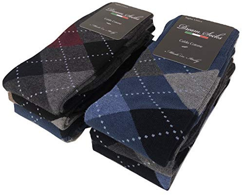 DREAM SOCKS 6 PAIA di calze calzini UOMO LUNGHE caldo cotone elasticizzate,100% Made in Italy,vari assortimenti (41-46, 6 X Set. SCOZZESE)