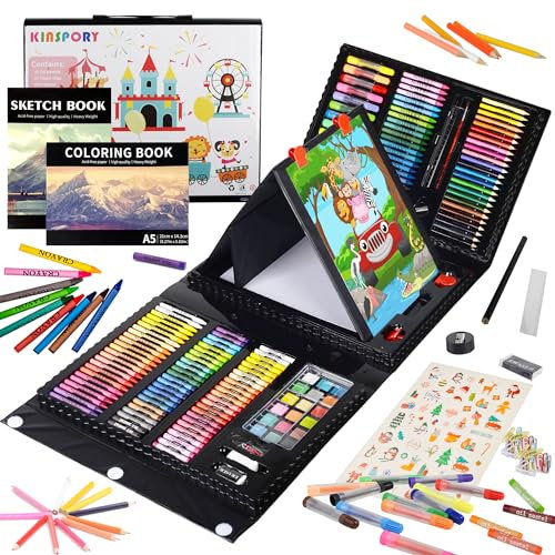 KINSPORY 290 piezas Maletin Pinturas para Niños, Juegos de Dibujo, Pinturas para Niños, Acuarelas Niños, Lapices de Dibujo, Caballete Pintura