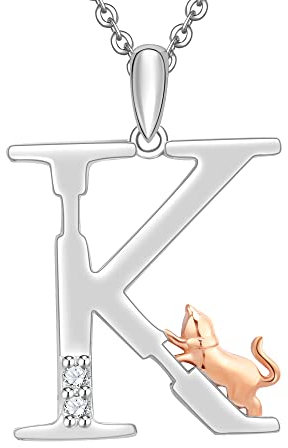 Kette Damen 925 Sterling Silber Halskette Buchstabe K Initialen Katze Buchstabe Anhänger Geschenk Frauen