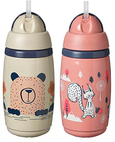 Tommee Tippee Insulated Straw Bottle, 266ml, for Toddlers 12m+, 2 Pack, Pink and Grey, Spill Proof Toddler Water Bottle, Flip Lid Helps Keep Straw Clean, Leak-Proof and BPA Free