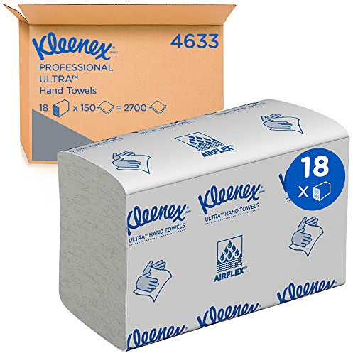 Kleenex Ultra Falt-Handtuchpapier 4633, 2-lagige weiße Einmal-Papierhandtücher, mit FSC-zertifiziertem Papier und Airflex Technologie, 18 Packungen x 150 (insges. 2.700 Papierhandtücher)