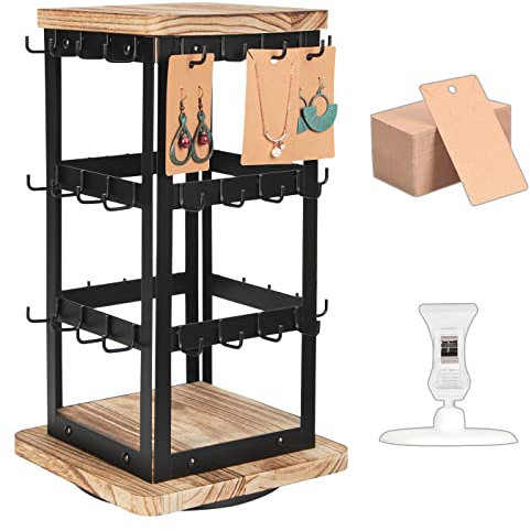 J JACKCUBE DESIGN 3 Tier 360 Rotating Black Metal Earring Holder Organizer, Jewelry Display Rack, Vintage Farmhouse Style Stand for Necklaces, Piercings with 48 Hooks and Wood Tray Shelf -MK1073A