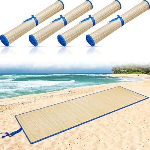 Qunclay 4 Pack Straw Beach Mat Waterproof Non-Slip Foldable Lightweight Beach Mat with Blue Trim for Camping Sunbathing Picnic Yoga 70x24