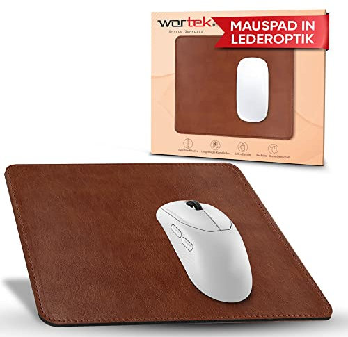 wortek Mauspad klein - Elegante Lederoptik - Office Mauspad Lederdesign - langlebiges Kunstleder - 24x20cm - vernähte Kanten - rutschfeste Gummiunterseite - Mousepad Gaming – Braun