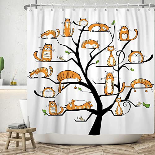 Ttincceer 180x200cm Arbre à Chat Rideau de Douche Ensemble Orange Mignon Chaton Rideau de Bain Aquarelle drôle Animal de Compagnie Chat Rideaux de Douche Lavable Rideau de Baignoire