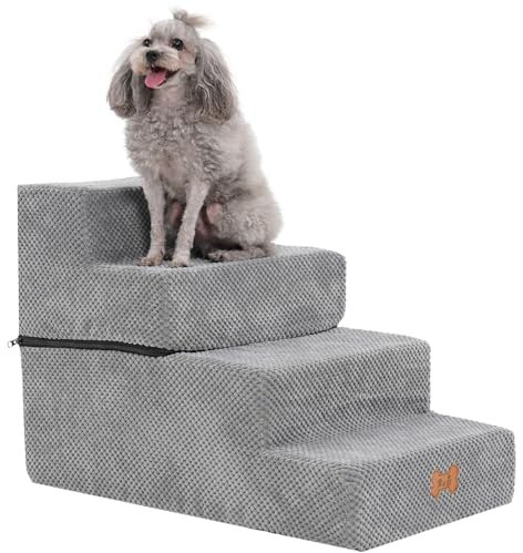 Dog Stairs for Bed and Sofa 4 Steps High Density Non-Slip Foam Pet Steps Portable Pet Ramp Ladder for Small Dogs Cats with Removable and Washable Plush Cover for Older Dogs/Cats with Joint Pain