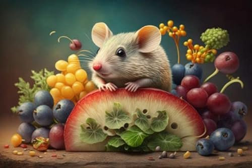 adrium Acryl-Bild 50 x 30 cm: Süße Maus, die an einem Stück Käse knabbert, umgeben von buntem Obst und Gemüse, erstellt mit generativer KI (201620372)