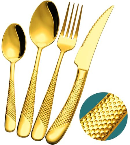 Xideman® couverts de table 24 pieces martelées or avec couteau dentelé 2 en 1 ultra tranchant, menagere inox 18/10 doré pour 6 personnes, set de couvert couteaux, fourchettes, cuillères