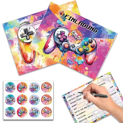 Aoiuenok 12 Stück Einladungskarten Kindergeburtstag Junge,Einladungskarten für Kindergeburtstag und Party,Gaming Spiel Einladungskarten,Einladung Karte Einschulung Party,für Junge Jugendliche Mädchen