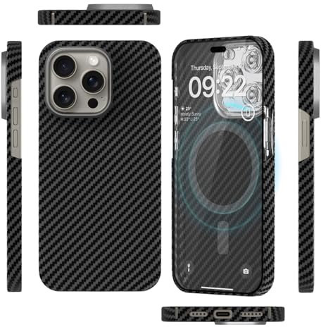 qichenlu Kugelsicher Aramidfaser Aramid Hülle kompatibel mit MagSafe für iPhone 15 Pro,Extrem Dünn KFZ Handyhalter Case Magnetische Handyhülle Hartschale - Schwarz