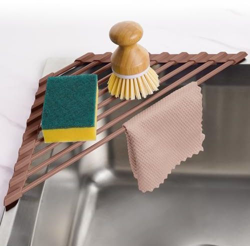 Tomorotec Escurridor de platos triangular compacto con revestimiento de silicona para esquina del fregadero, organizador plegable de acero inoxidable y estante de almacenamiento (café)