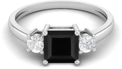 MOONEYE 0,95 ctw Princess-Schliff Schwarzer Spinell Edelstein 925 Sterling Silber Trio Stein Damen Verlobungsring Sterlingsilber, 58