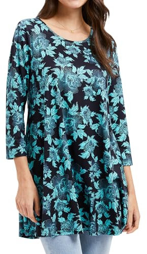 Enmain Womens Tunic Tops 3/4 Long Sleeve Ladies Tunics Casual Longline Loose Tunic Top for Leggings Round Neck Blouses Shirt Blue Flower 2XL