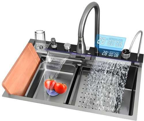 Julymoda Wasserfall Spülbecken mit 2 Wasserauslässe, 2025 Upgarded Küchenspüle 304 Edelstahl Einbauspüle mit Armatur Set/Glasspüler/Seifenspender, 75x46cm