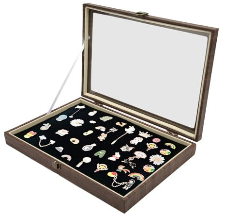 Pin Display Case with Glass Window Dustproof Display Case for Jewelry Badge, Jewelry Box PU Leather Badge Storage Case with Metal Lock Catch (Medal Display Case)
