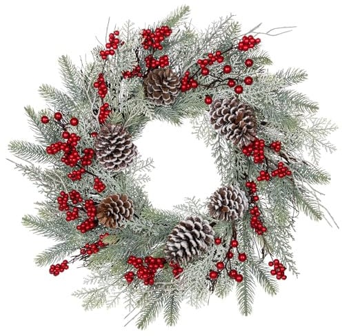 Hollyone 20 Christmas Wreath for Front Door Snowy Artificial Wreath with Berry Clusters and Pine Cones for Christmas Thanksgiving Winter Holiday Decoration
