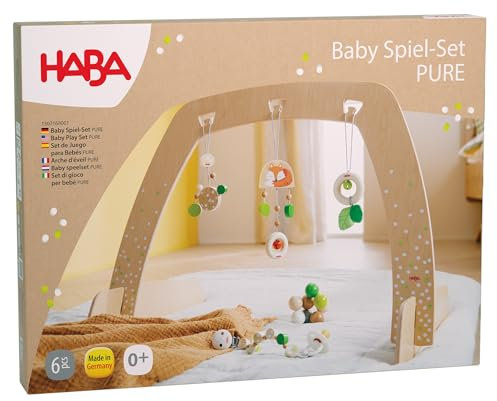 HABA Baby Spielbogen-Set Pure - 70 cm großes Spieltrapez - inkl. 3 Hängefiguren, Schnullerkette & Greifling - Holzbogen Made in Germany - ab 1 Monat Geburt - 1307168001