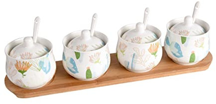 HUIHHAO Azucarero de cerámica con Tapa, azucarero de Porcelana con Cuchara, salero pequeño, Tarro de Almacenamiento, for Barra de café, Juego de Restaurante-Blanco-2(Color:Flower,Size:4 Set)