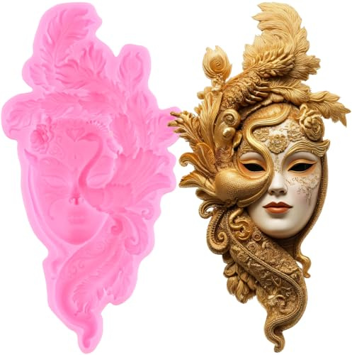 XMOLDNMS Frau Gesicht Maske Silikonformen Feder Maske Fondant Form für Kuchen Dekoration Cupcake Topper Schokolade Süßigkeiten Polymer Ton Gummi Paste