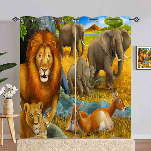 ANHOPE Safari Tier Löwe Elefant Hirsch Blickdichte Gardinen mit Ösen Kinder Jungen Mädchen Thermo Vorhänge Wohnzimmer Schlafzimmer Verdunklungsvorhänge 2er Set H 200 x B 140 cm