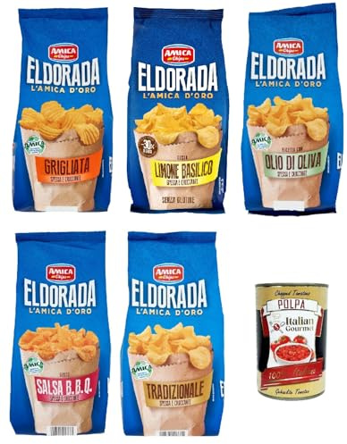 Italian Gourmet Eldorada Testpaket patatine Chips gewellt salzig 5 x 130g | Senza glutine, taglio ondulato e morso croccante, Kartoffelscheiben für, Gesamtnettogewicht 650 g + Kostenlos Polpa 400g