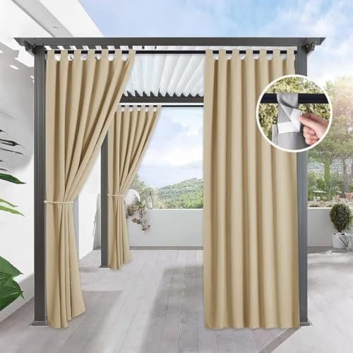 Tielag Outdoor Curtains Waterproof, Gazebo Curtains, Pergola Curtains, Blackout Privacy Outdoor Curtain for Garden Patio Porch Pool, Beige, 132×274cm, 1 Panel