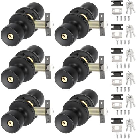 PATIKIL Key Entry Door Knobs Interior, 6 Pack Round Zinc Alloy Bedroom Bathroom Door Knob with Lock Entry Indoor Outdoor Door, Matt Black