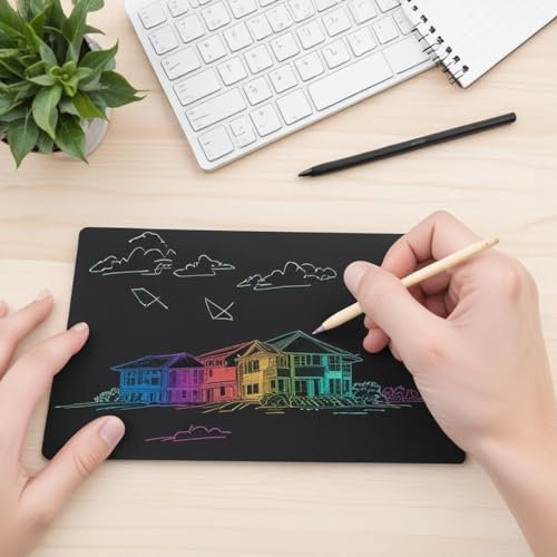 BullTek 50 Fogli Scratch Art 19x13 cm per Bambini e Adulti, Fogli Neri da Grattare con Effetto Arcobaleno, Kit Creativo con 2 Stilo in Legno per Disegni, Schizzi e Craft, Regalo Perfetto