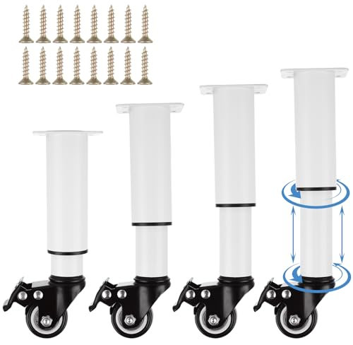LOPYXBR Set of 4 Metal Adjustable Furniture Legs with Wheels 7-12 Inch White Adjustable Table Legs with Casters Heavy Duty Movable Bed Support Legs Replacement with Brake for Cabinet Sofa Bed, 440 LBS