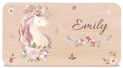 GRAVURZEILE - Bedrucktes Frühstücksbrettchen aus Holz - Blumeneinhorn - Personalisiert mit Namen - Lebensmittelechter umweltfreundlich zertifizierter Druck (GreenGuard Gold) - Farbe: Blumeneinhorn