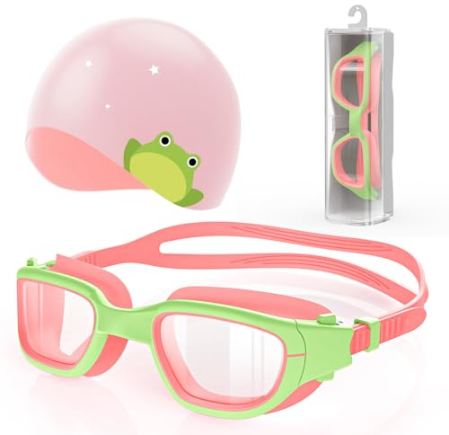 Kids Swim Goggles with Free Silicone Swim Cap in Candy Dual-Tone