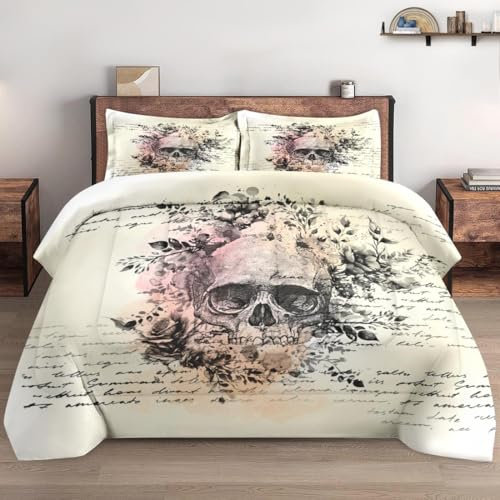 WeCozy Bettwäsche-Set für King-Size-Betten mit 2 Kissenbezügen, Skelett, böser Rock, 3-teiliges Bettwäsche-Set für Kinder und Erwachsene, Roll-Gothic-Totenkopf-Design, weiches Bettdecken-Set für
