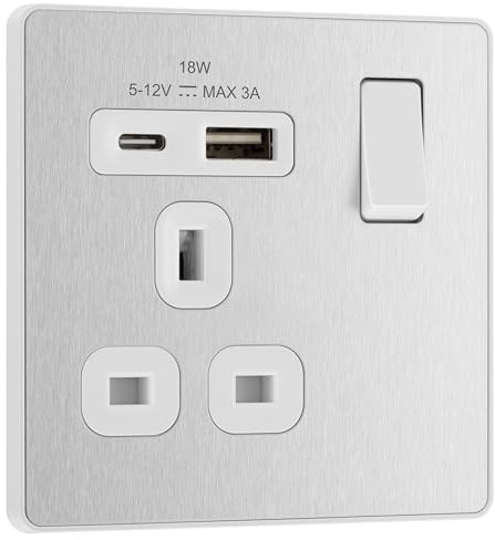 BG Electrical Single Switched Power Plug Wall Socket with Type A USB and Type C USB Charging Ports, Fast Charge, Screwless Front Plate, Evolve, Brushed Steel, 13A, 18W, PCDBS21UAC18W