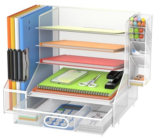 SUPEASY Schreibtisch Organizer mit Aktenhalter, 5-Tier Mesh Papier Brief Tray Organizer mit Stifthalter und Schublade, Desktop Organizer und Lagerung mit 3 geneigten Datei Sortier, Weiß