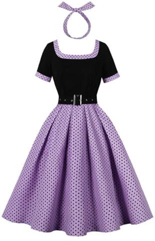 Wellwits Robe Vintage Femme Corsage Ajusté Col Carré à Pois Bureau Élégante Cocktail