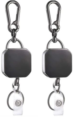 Pack de 2 Porte-Clés Extensibles, Porte Badge Retractable, Clip Ceinture en Cordon en acier de 60cm Et Porte-Clés, Carré avec boucle à plaque