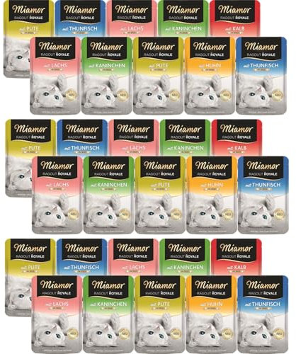 Miamor Ragout Royale in Jelly 30 x 100g Mixpaket | Garantierter 5-Sorten-Mix | Mit Vitaminen & Mineralstoffen | Getreidefrei & ohne künstliche Zusätze | Bekömmliche und natürliche Katzennahrung