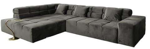 KAWOLA Wohnzimmer Sofa L-Form Nevada Ecksofa, Couch Velvet Grau, Chaiselongue Links, Wohnlandschaft XXL, Bigsofa mit Eckschlafsofa