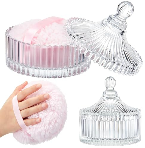 Tioncy 2 Pcs Extra Large Dusting Powder Puff and Container for Women-5.43'' Glass Crystal Dusting Powder Container with 5.91'' Body Soft Washable Reusable Velour Face(Clear)