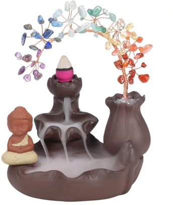 JSDDE Porte Encens Cascade avec 7 Chakra Arbre de Vie en Pierres Naturelles Brûleur Cône Encens Refoulement Arbre Cristal Porte Bonheur Zen Ornement Décoration Statue Bouddha Encensoir Yoga Guérison